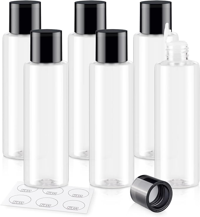 ZEJIA Clear 150ML/5OZ Travel Size Toiletries, 6 Pack Plastic Travel Bottles, Double Leak Proof Travel Size Containers for Shampoo, Lotion, Body Wash, Refillable Empty Travel Bottles with 6pcs Labels