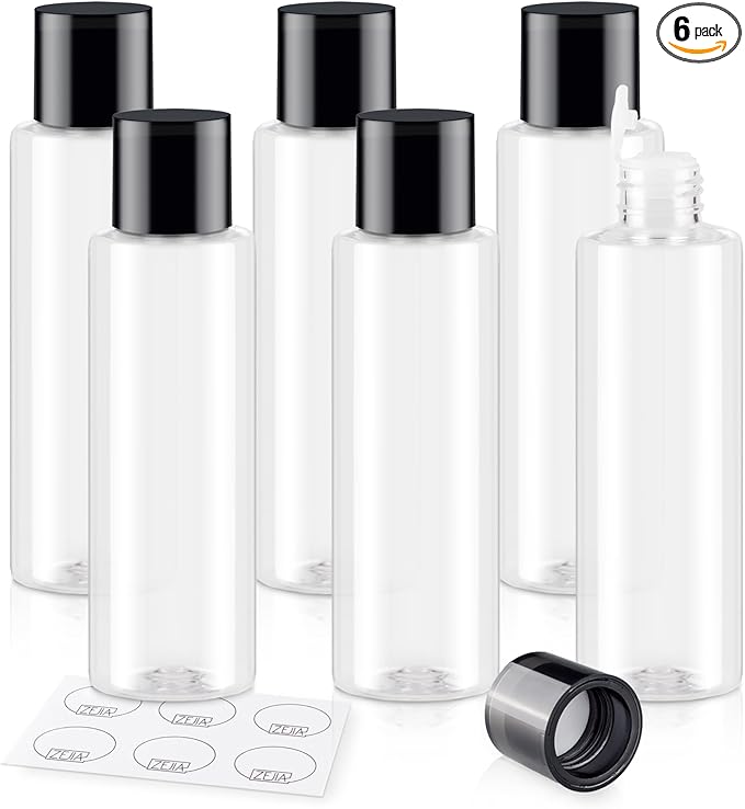 ZEJIA Clear 150ML/5OZ Travel Size Toiletries, 6 Pack Plastic Travel Bottles, Double Leak Proof Travel Size Containers for Shampoo, Lotion, Body Wash, Refillable Empty Travel Bottles with 6pcs Labels