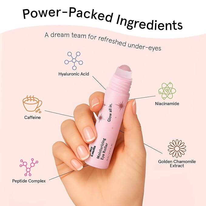 grace & stella Under Eye Brightener with Rose Quartz Rollerball - Centella Asiatica & Caffeine Under Eye Serum for Dark Circles & Puffiness - Travel Essentials, Birthday Gifts for Mom (15ml/0.51floz)
