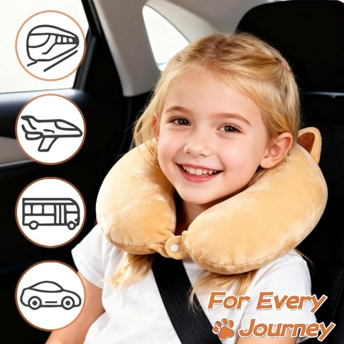 Kids Neck Pillow for Travel with Sleep Eye Mask, Cute Travel Neck Pillow, Memory Foam Flight Sleeping Headrest Pillow for Boys & Girls, Airplane, Train, Car, Home Use - Ginger Cat