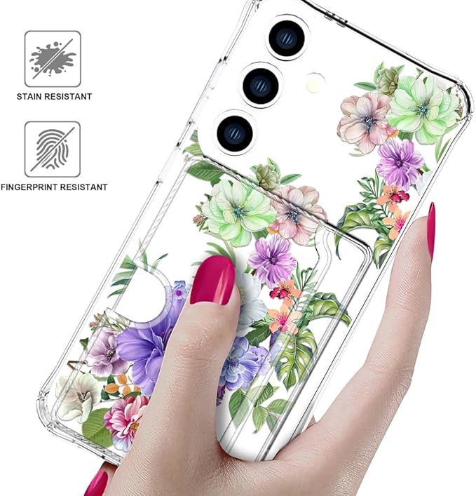 Compatible with Samsung Galaxy S24+ Plus / S25+ Plus Case Card Holder for Women Cute Design,Wallet Phone Cases Transparent Cool Kawaii Protective (Clear Impressive Flowers)