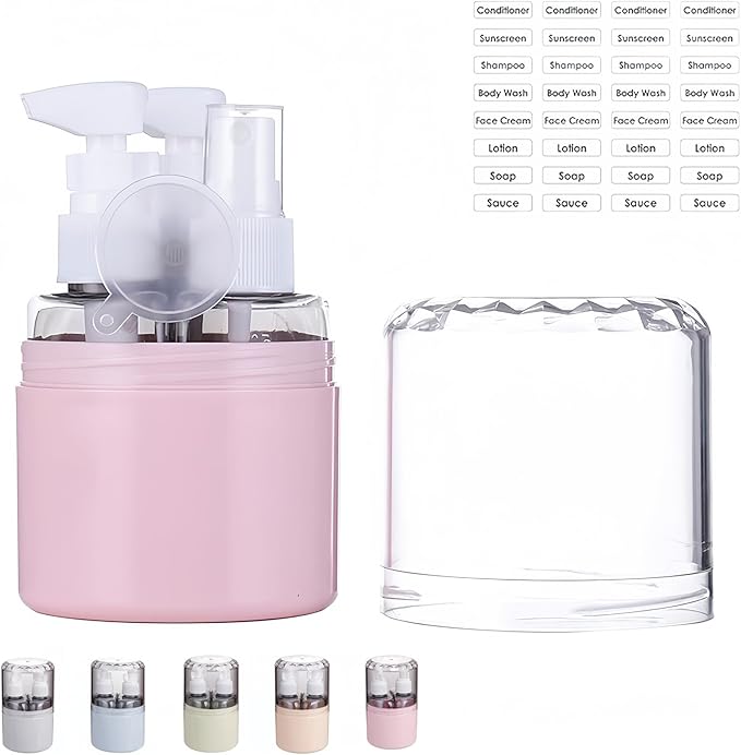 CLOUDEMO Mini Shampoo Dispenser Portable Travel Bottle Set, 2-in-1, 3-in-1, 4-in-1 Mini Dispenser Portable Travel Set, Leak Proof Refillable Travel Containers with Labels (Pink,3 in 1)