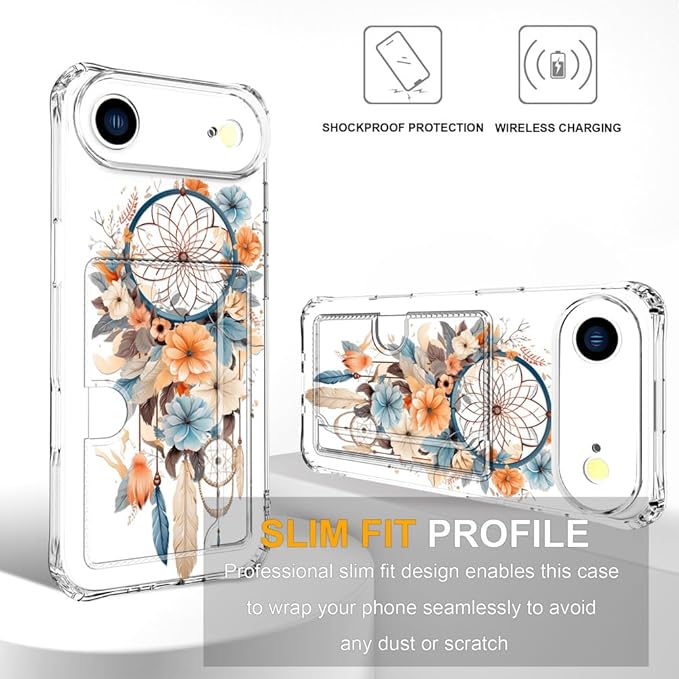 Compatible with iPhone 17 Air Case Card Holder for Women Cute Design,Wallet Phone Cases Transparent Cool Kawaii Protective (Clear Dreamcatcher Dream Cather)