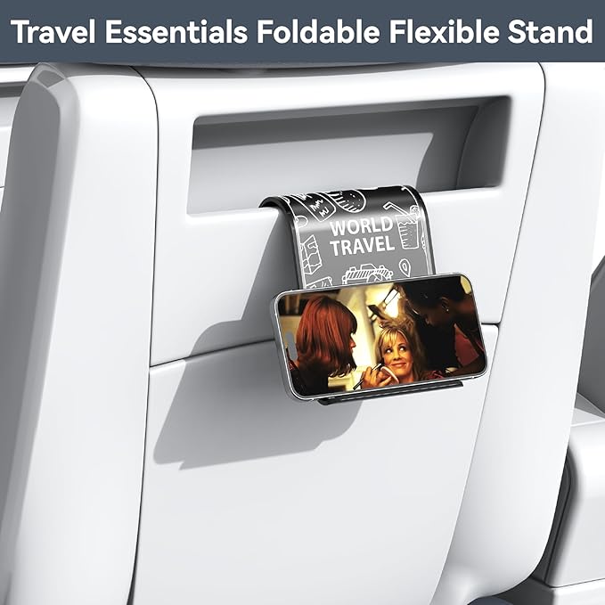 Airplane Phone Holder Mount, Travel Essentials Flexible Phone Holder, Airplane Tablet Holder for Flying, Desk, Compatible with iPhone, Smartphone, Tablet (White Silk Screen)