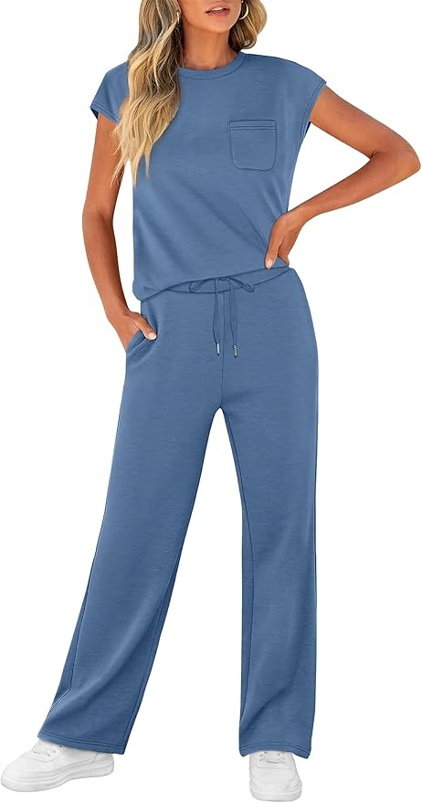 WIHOLL 2 Piece Sets for Women Casual Summer Travel Vacation Outfits Cap Sleeve Lounge Set