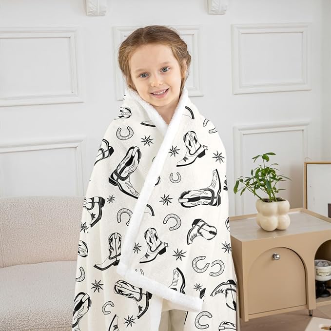 Western Cowboy Kids Throw Blanket,Horseshoe Cowboy Boots Vintage Bed Blanket for Girls Boys Adults,Western Texas Star Tribal Fleece Blanket,Simple Chic Fuzzy Blanket,Baby Size (30 x 39 Inches)