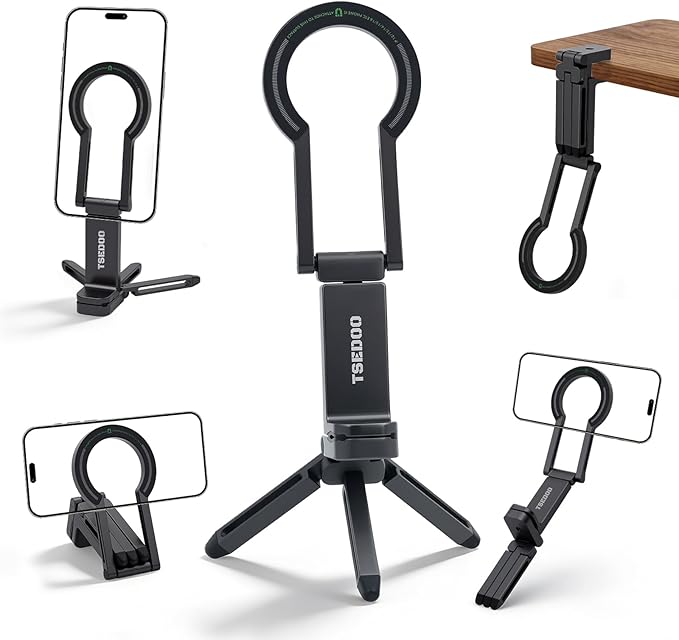 Magnetic Tripod for iPhone - Foldable Mini Pocket Phone Stand, Portable Selfie Stick Handle Grip with 360°, Airplane Travel Essentials, Phone Holders for Your Car and Gym (Grey)