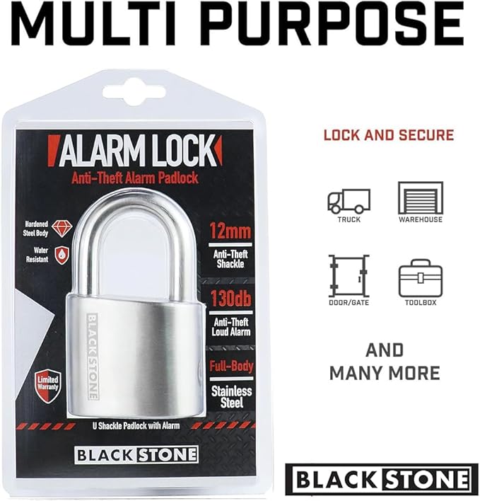 Blackstone Anti-Theft Loud 130db Alarm Padlock Weather Proof Heavy Duty Multi Purpose (12mm Shackle)