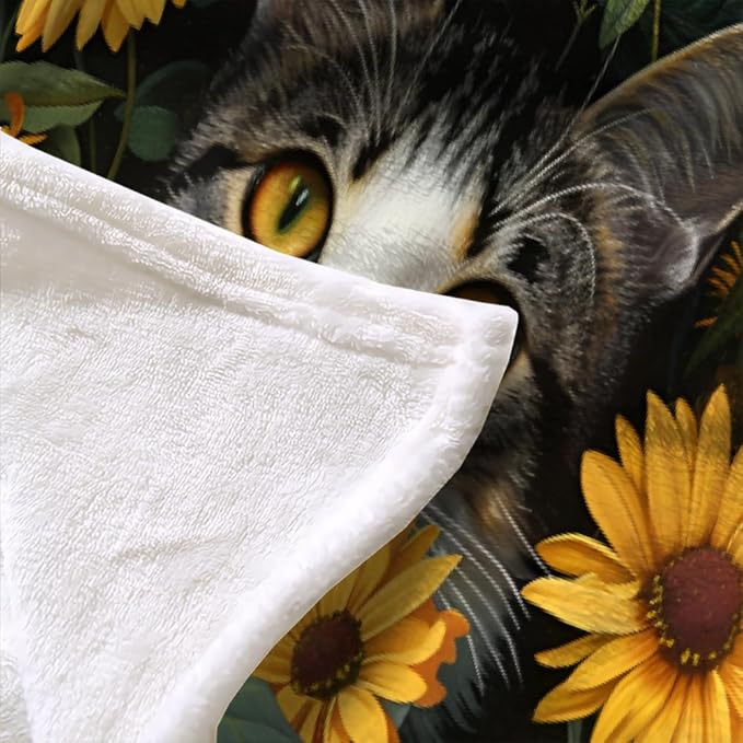 Cats Print Blanket Queen Size, Fleece Blanket for Couch Bed Sofa, Daisy Flowers Blankets and Throws, Pet Animal Super Soft Cozy Plush Flannel Blanket, 90 x 90 in, Yellow Sunflower