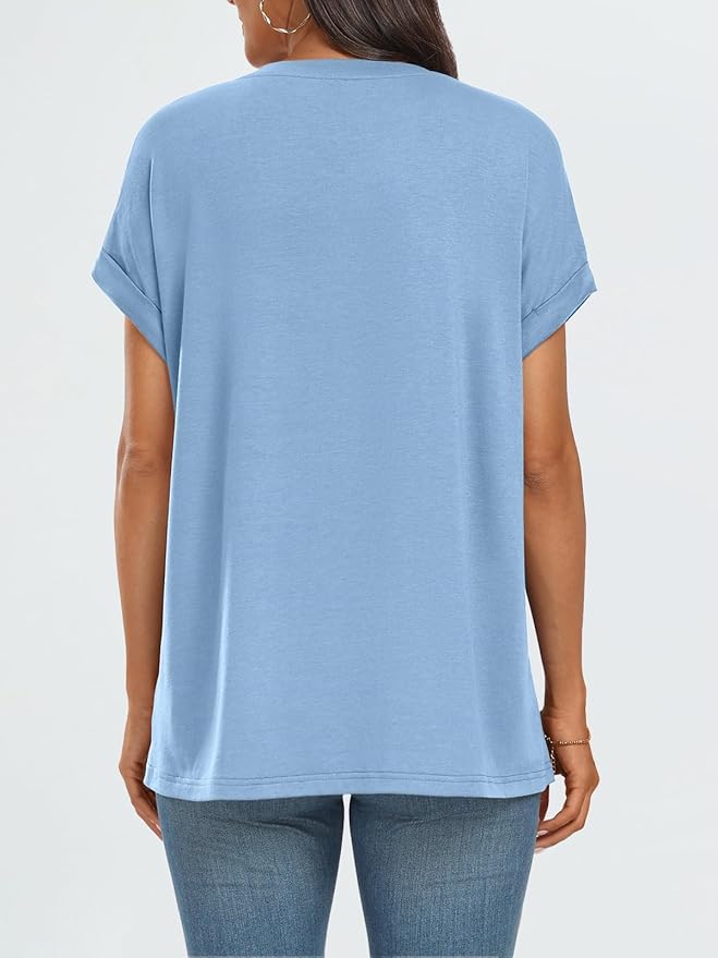 AUTOMET Women's Oversized Short Sleeve T Shirts Casual Drop Shoulder Rolled Cuff Summer Tops for Work, Travel and Lounge