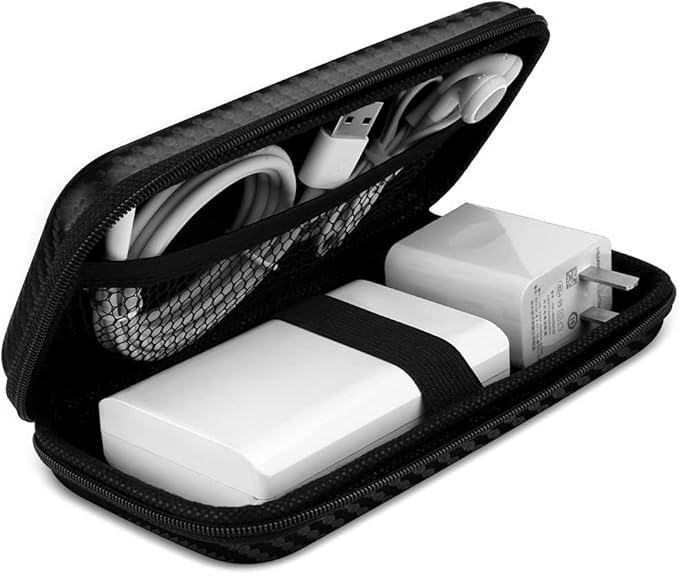 iMangoo Travel Essential Electronics Organizer Pouch Charger Case, Shockproof Dual Zipper Power Bank Cables Tech Accessories Purse, Men & Women Travel Must Have Storage Bag, 6.5x3.2x1 inch Fiber Black