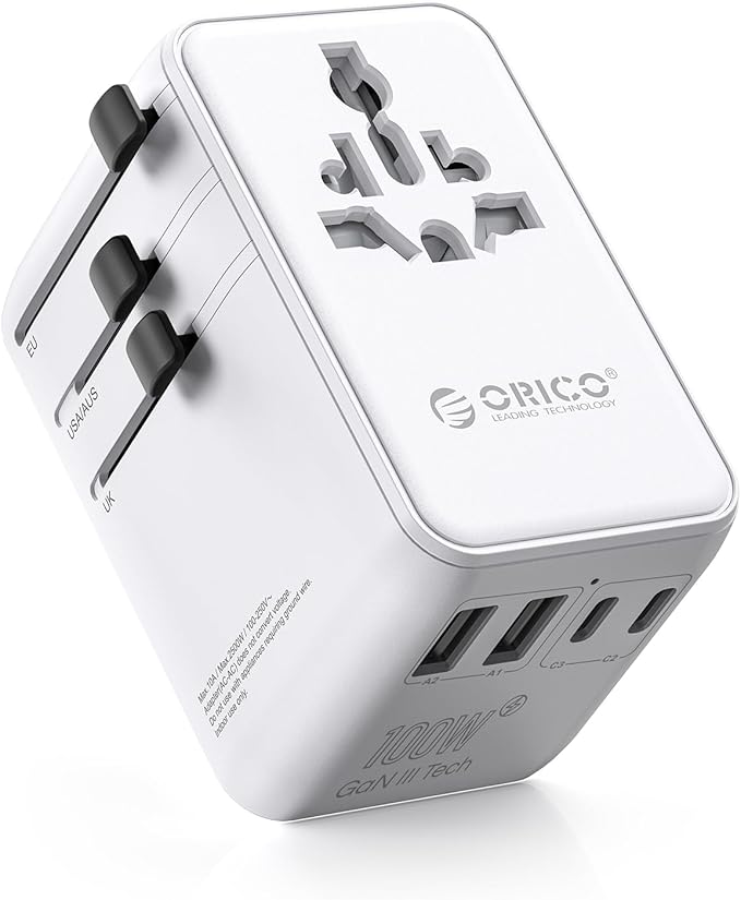 ORICO Universal Travel Adapter 100W GaN International Power Adapter with 2 AC, 3 USB-C and 2 USB-A Ports, Built-in Retractable USB-C Cable, European Travel Plug Adapter for Eu US UK AU &200+ Countries