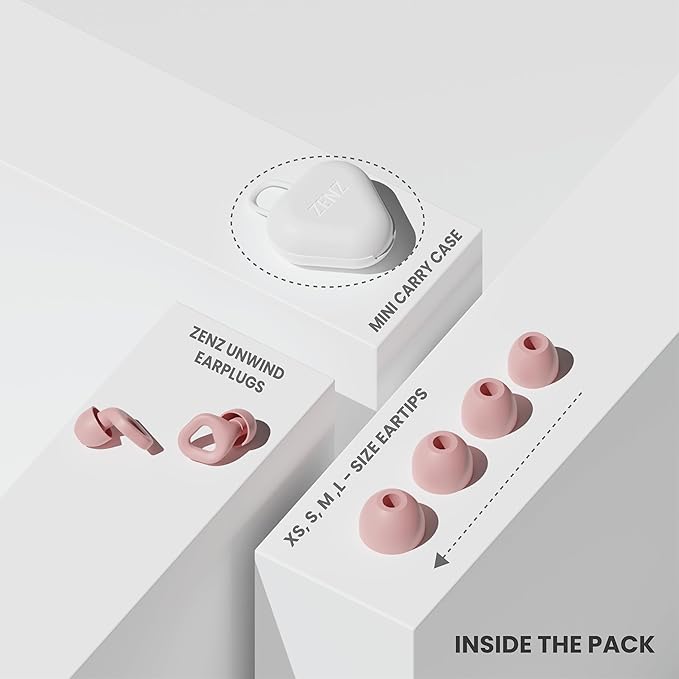 Zenz Unwind Ear Plugs for Sleeping Noise Reduction - Comfy Reusable Soft Silicone Earplugs for Focus, Study, Work - 8 Pair Eartips in XS/S/M/L - 27dB Hearing Protection with Storage Case - Mystic Pink
