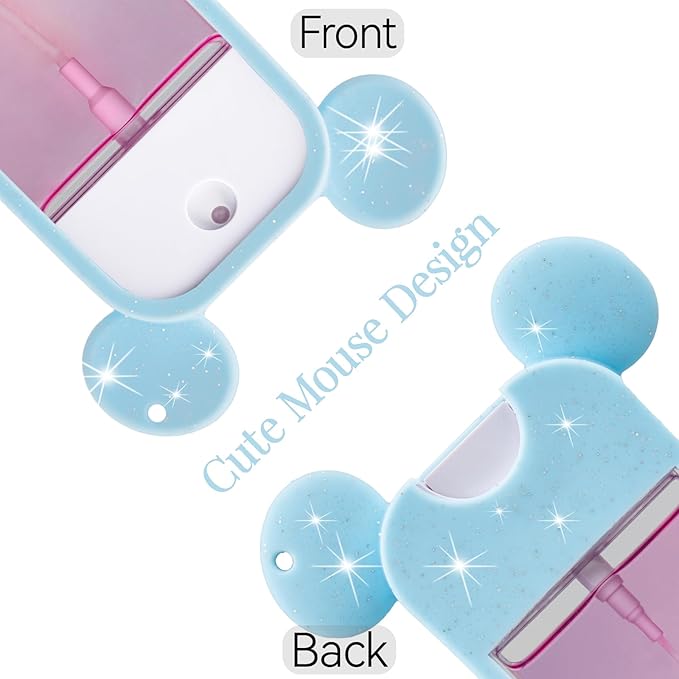 TERPINK 2 Pack Silicone Case Compatible with Touchland Hand Sanitizer Spray 1 fl oz, Mouse Design Protective Case with Keychain, Hand Sanitizer Spray Accessory (Glitter Sequin Blue+Hot Pink)