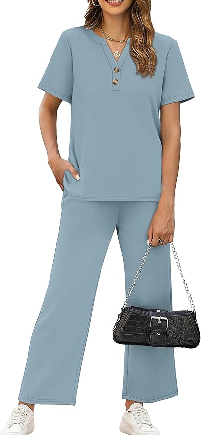 OFEEFAN 2 Piece Sets for Women Spring Fashion Beach Vacation Cruise Outfit Dressy Casual Wide Leg Crop Pants Resort Wear