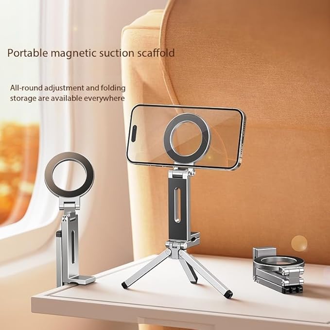 360° Rotation Magnetic Phone Stand with Tripod,Portable and Foldable Aluminium Alloy Phone Holder,Suitable for iPhone and All Mobile Phones,Essential Items for Flying or Traveling（Silver）