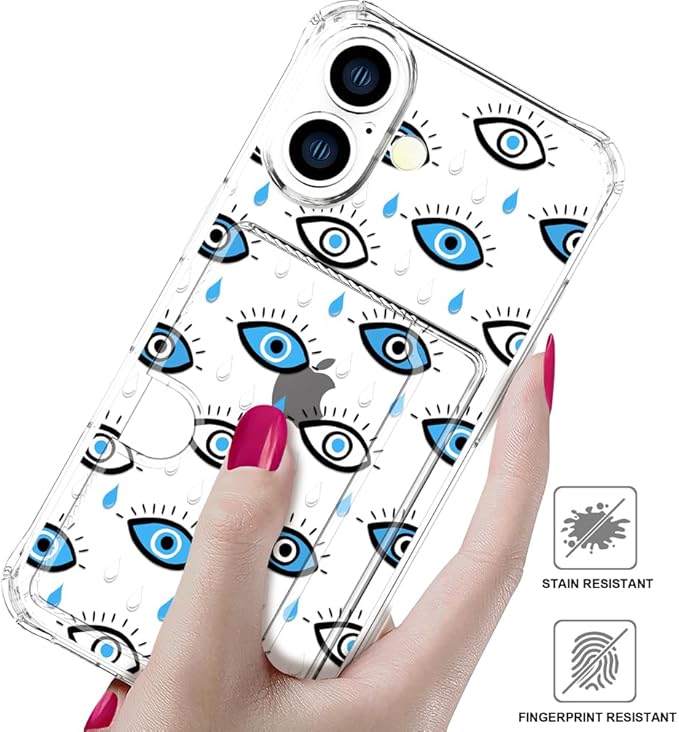 Compatible with iPhone 17 Case Card Holder for Women Cute Design,Wallet Phone Cases Transparent Cool Kawaii Protective (Clear Blue Evil Eyes)