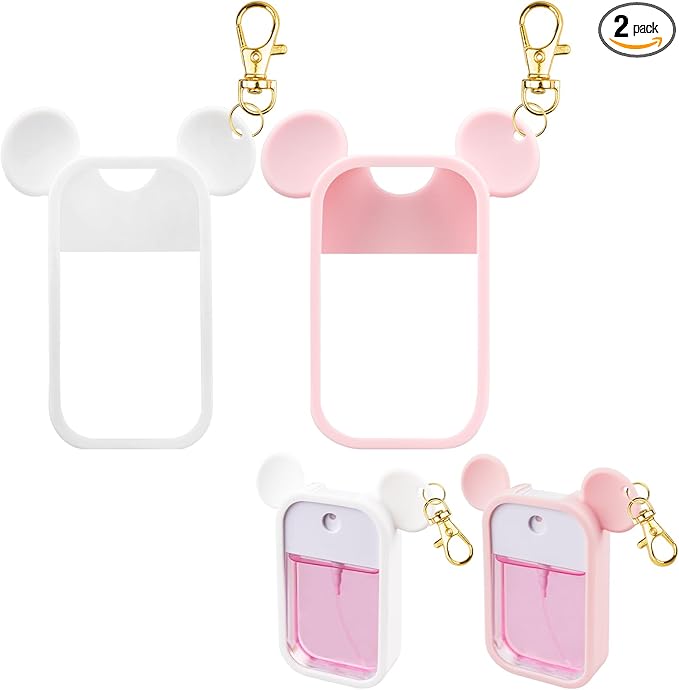 TERPINK 2 Pack Silicone Case Compatible with Touchland Hand Sanitizer Spray 1 fl oz, Mouse Design Protective Case with Keychain, Hand Sanitizer Spray Accessory (Pink+White)