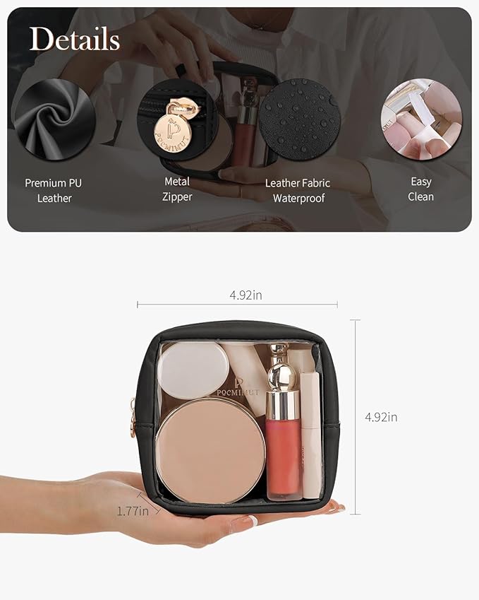 Pocmimut Clear Makeup Bag, Easy to Find Mini Makeup Bag for Purse, Travel Makeup Bag for Car, Compact Cosmetic Pouch for Daily Essentials,Black