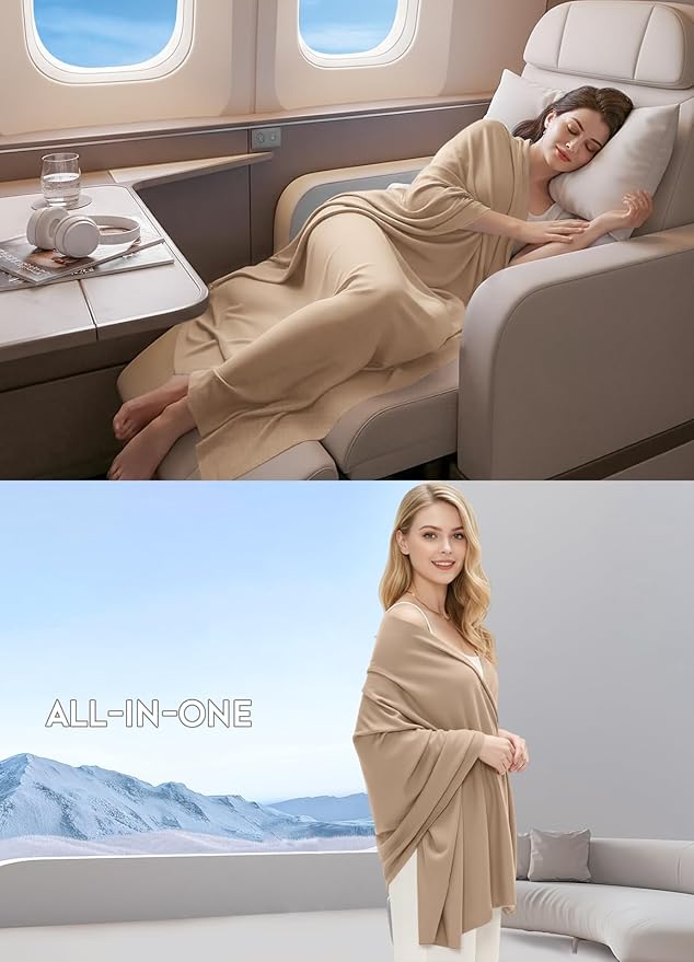 Women's Wool Blend Travel Scarf Lightweight Breathable Wrap Pashmina Airplane Blanket Shawl