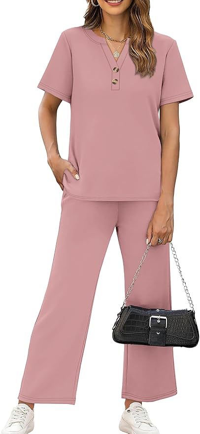 OFEEFAN 2 Piece Sets for Women Spring Fashion Beach Vacation Cruise Outfit Dressy Casual Wide Leg Crop Pants Resort Wear