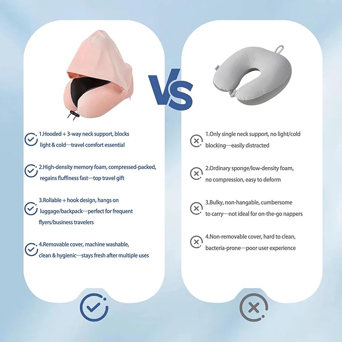 Travel Neck Pillow with Hood Memory Foam Sleeping Airplane Pillows Long Flight Neck Support Plane Essentials Black