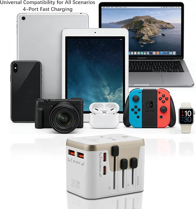 35W Universal Travel Adapter with 4 Ports (2 USB-C & 2 USB-A) – All-in-One Worldwide Power Adapter for US, EU, UK, AU & 200+ Countries – Fast Charging Wall Charger (White)