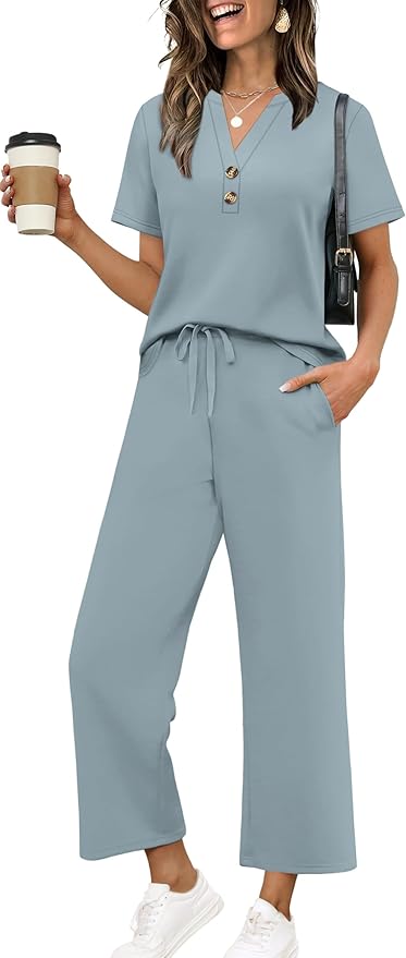 OFEEFAN 2 Piece Sets for Women Spring Fashion Beach Vacation Cruise Outfit Dressy Casual Wide Leg Crop Pants Resort Wear