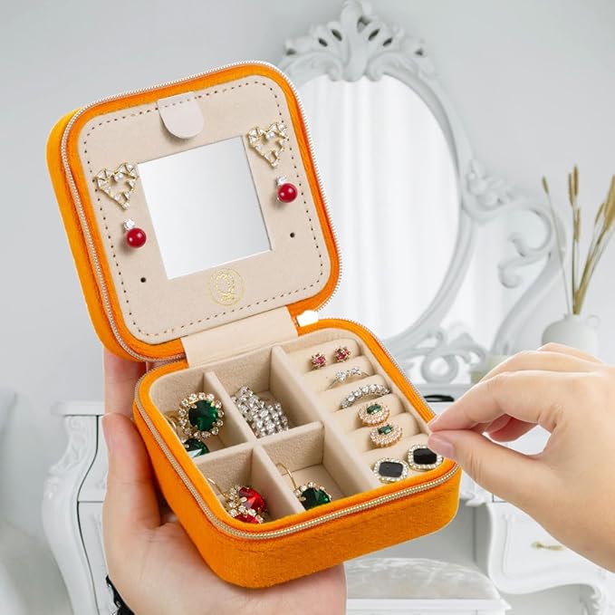 ZPROW Plush Velvet Travel Jewelry Case, Travel Jewelry Organizer, Jewelry Travel Case, Travel Jewelry Box, Small Jewelry Case, Jewelry Travel Box, Earring Organizer with Mirror - Orange