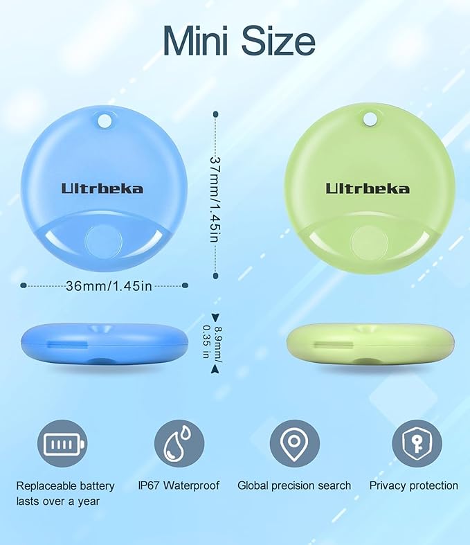 Ultrbeka Air Tracker Tag 4 Pack Bluetooth Item Finder for iPhone – MFi Certified Smart Tracker Compatible with Apple Find My, Replaceable Battery, IP67 Waterproof Key Finder for Keys, Wallet, Luggage
