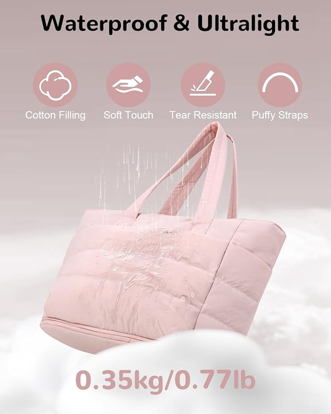 Expandable Puffer Tote Bag with Zipper for Women, Lightweight 15.6 Inch Laptop Work Tote Bag, Large Travel Tote Bags | Luggage strap, Lightweight, For 15.6 inch Laptop, Expandable, Multi-Compartments
