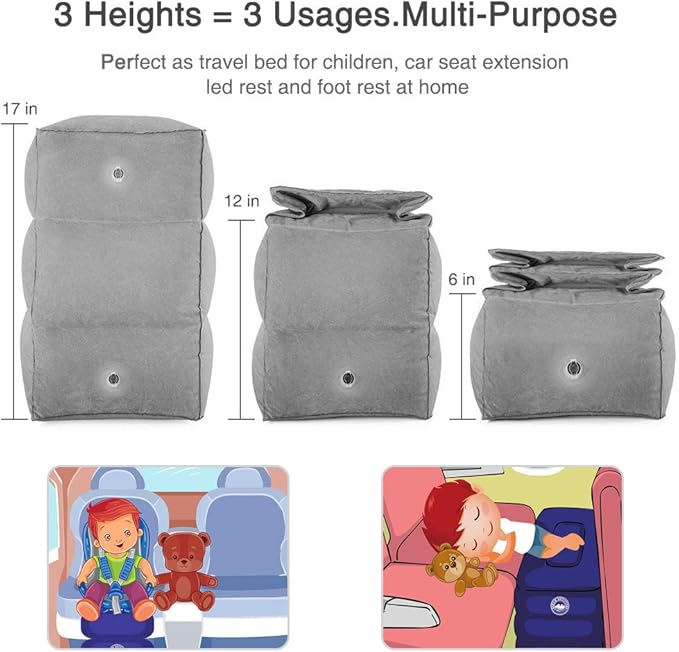 Travel Foot Rest Pillow, Portable Inflatable with Double Hand Pump Adjustable Three Layers Height Pillow for Foot Rest on Airplanes,Cars,Buses,Trains,Office Kids to Sleep on Long Flights (Gray)
