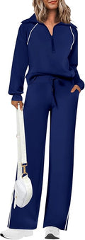 PRETTYGARDEN Women's 2 Piece Outfits Casual Lapel Half Zip Sweatshirts and Wide Leg Pants Tracksuit Sets