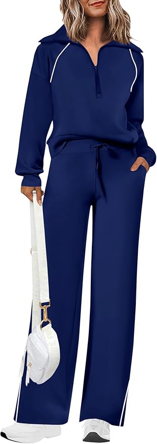 PRETTYGARDEN Women's 2 Piece Outfits Casual Lapel Half Zip Sweatshirts and Wide Leg Pants Tracksuit Sets