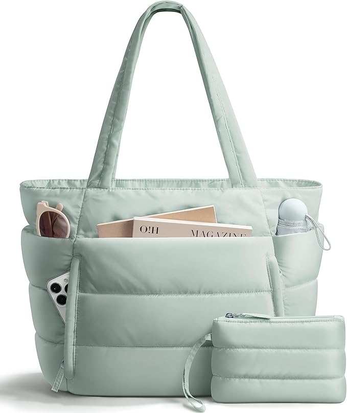 Bagstellar Puffer Tote Bag for Women, Lightweight Puffy Work Handbag Teacher Nurse Quilted Shoulder Bag for School Travel Gym | Cloud Bag w/ Zipper, Daily College Bags, 15.6" Computer Bag, Clinical Nursing Bag, 40 OZ Tumbler Holder, Ideal Gift for Women
