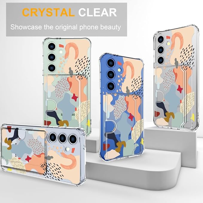 Compatible with Samsung Galaxy S24+ Plus / S25+ Plus Case Card Holder for Women Cute Design,Wallet Phone Cases Transparent Cool Kawaii Protective (Clear Abstract Art)
