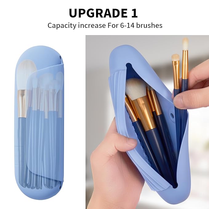 AGIKET 2 IN 1 Silicone Makeup Brush Holder with Beauty Make Up Sponge Holder Case：Soft Portable Cosmetic Face Brushes Holder with Upgrade Anti-Fall Out Magnetic Closure - Blue