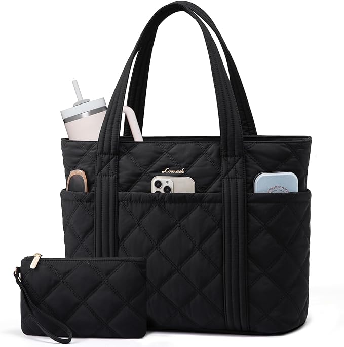 LOVEVOOK Puffer Tote Bag for Women, Puffy Work Handbag with Cup Holder, Travel Carry On Bag with Zipper for Teacher Nurse Gym