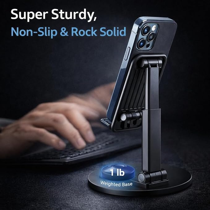 Mizi Portable Cell Phone Stand for Desk - Height & Angle Adjustable Mobile Foldable Holder, Compatible with iPhone 17 16 15 14 13 12 11 Pro Max, Galaxy S25 S24, All 4–10" Devices - Black
