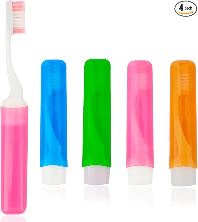 Travel Toothbrush 4 Pcs Mini Portable Toothbrushes Travel Toothbrush Set Soft Travels Size Toothbrushes Kit Small Foldable Tooth Brush with Case Cover for Home Camping Hiking Individually Wrapped