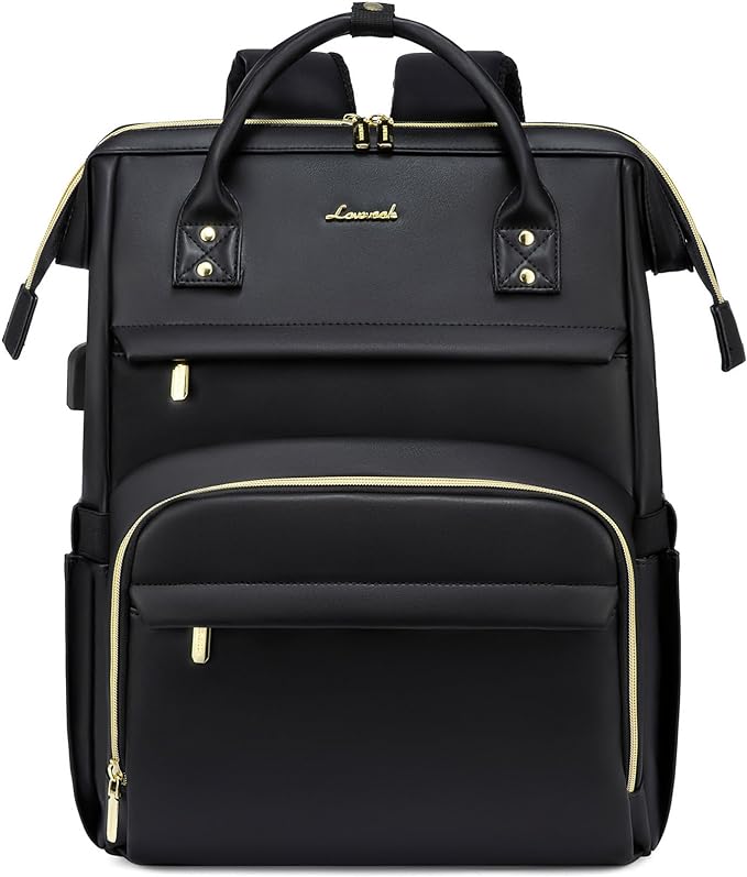 LOVEVOOK Leather Laptop Backpack for Women 18 inch,Travel Backpack Purse Nurse Teacher Backpack Computer Laptop Bag,Professional College Business Work Bags Carry On Backpack with USB Port,Black