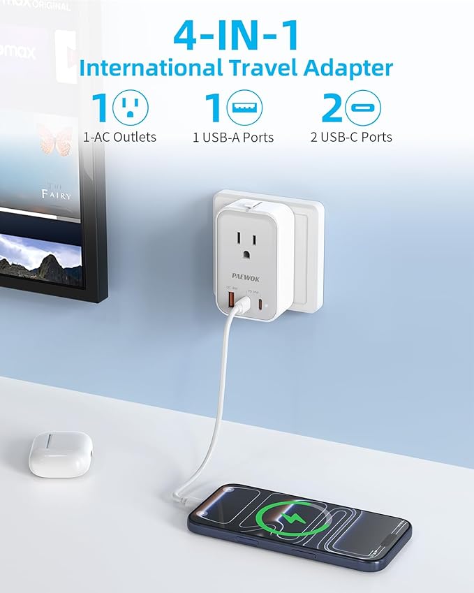 PAEWOK Travel Adapter PD 20W, Mini Universal Travel Adapter with 1 AC Outlet and USB Fast Charging, Ultra Thin International Plug Adaptor for US to European UK Italy Spain New Zealand (Type C G A I)