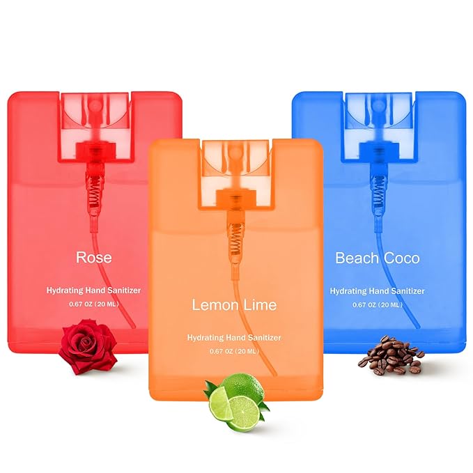 Set of 3 Power Mist Hydrating Hand Sanitizer Spray Bulk Travel Size Refreshing Hand Sanitizer 0.67 Fl. oz Compact Card Spray Bottle Rose Beach Cocoa Lemon Lime Scent for Daily Personal Use Gift