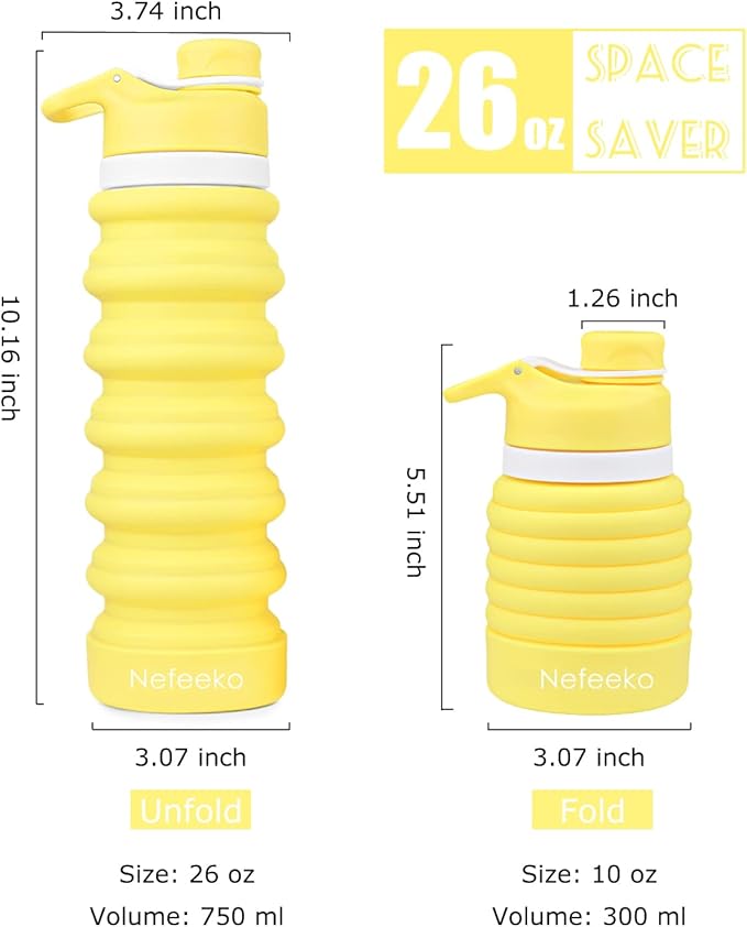 Nefeeko Collapsible Water Bottle, 26oz Silicone Foldable Water Bottles Leakproof BPA Free Travel Water Bottles with Carabiner, Portable Sport Water Bottles for Camping,Hiking Outdoor Indoor Sport