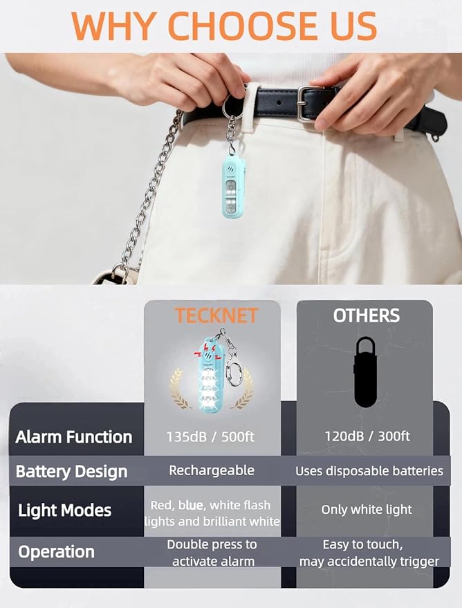 TECKNET Personal Safety Alarm 135dB with SOS Strobe Light for Women - Rechargeable& IPX4 Waterproof Running Lights with Clip On Torch & Low Battery Notice, Safety Siren for Running, Travel Kids, Blue