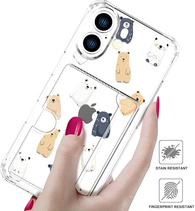 Compatible with iPhone 17 Case Card Holder for Women Cute Design,Wallet Phone Cases Transparent Cool Kawaii Protective (Clear Lovely Bears Funny)