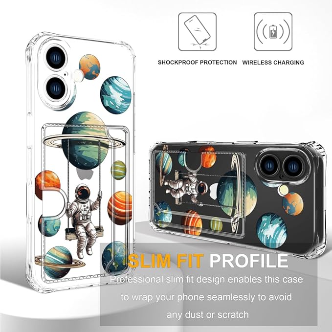 Compatible with iPhone 16 Plus Case Card Holder for Women Cute Design,Wallet Phone Cases Transparent Cool Kawaii Protective (Clear Astronaut Space Planets)