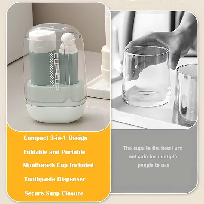 3-in-1 Toothbrush Travel Case Kit - Foldable with Mouthwash Cup, Toothpaste Dispenser, Portable Tooth Brush Holder for Camping, Business Trips, and Daily Use (Cream)