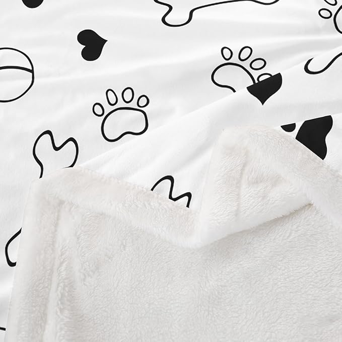 Dog Paws Kid's Paws Print Throw Blanket,Bones Heart Cute for Girls Boys Adults,Cartoon Dogs Pets Fleece,Black White Fuzzy,Twin Size (60 x 80 Inches)