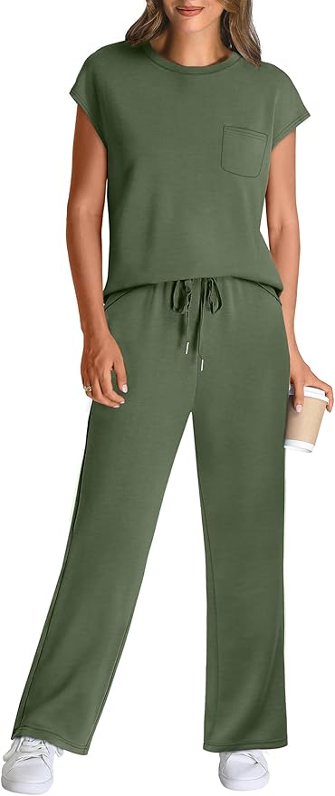 WIHOLL 2 Piece Sets for Women Casual Summer Travel Vacation Outfits Cap Sleeve Lounge Set